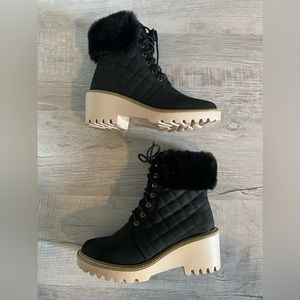 Nicole Miller Latte Hidden Wedge Boots With Faux Fur Trim Size 7.5 Women